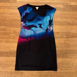 Chico's magenta blue abstract pattern sleepless midi shift dress size 8  b13
